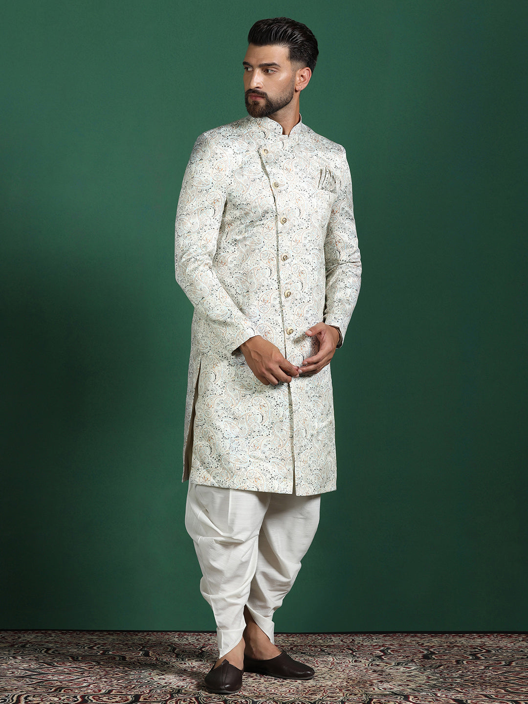 Cream Cotton Blend Sherwani Set For Men With Paisley Print| SHOBITAM