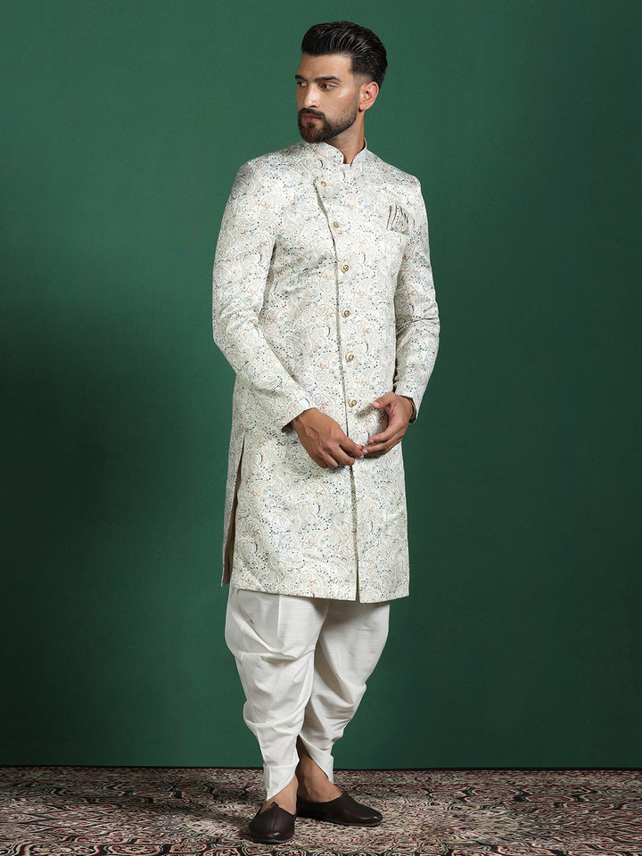 Cream Cotton Blend Sherwani Set For Men With Paisley Print| SHOBITAM