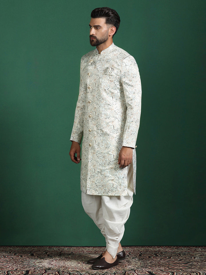 Cream Cotton Blend Sherwani Set For Men With Paisley Print| SHOBITAM