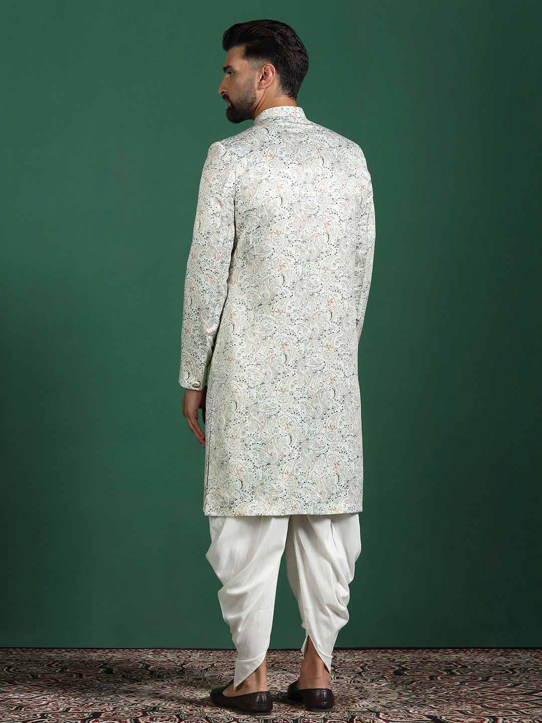 Cream Cotton Blend Sherwani Set For Men With Paisley Print| SHOBITAM