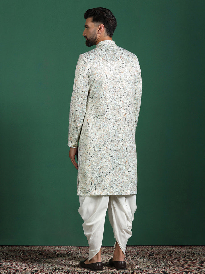 Cream Cotton Blend Sherwani Set For Men With Paisley Print| SHOBITAM