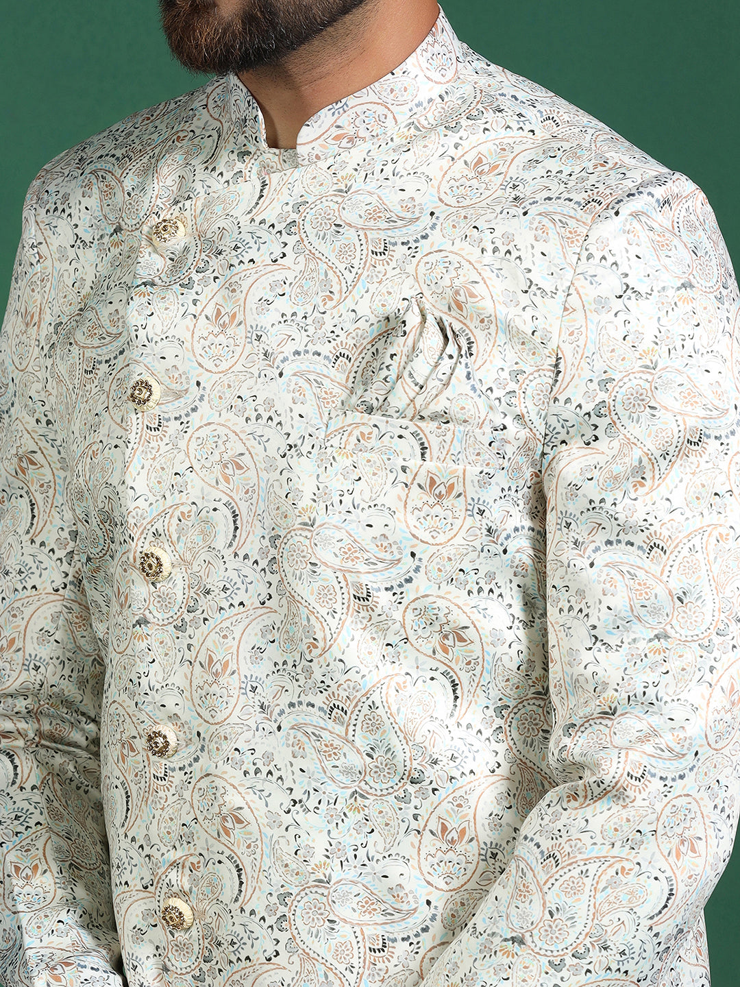Cream Cotton Blend Sherwani Set For Men With Paisley Print| SHOBITAM
