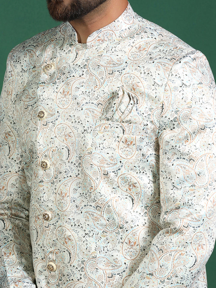 Cream Cotton Blend Sherwani Set For Men With Paisley Print| SHOBITAM