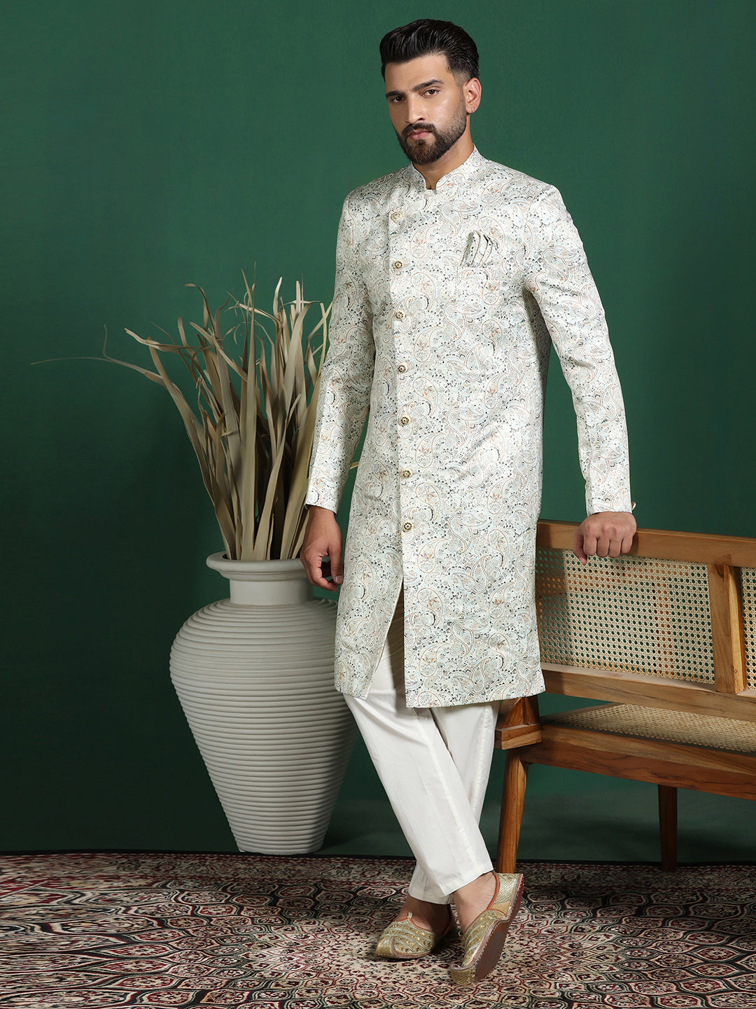 Cream Cotton Blend Sherwani Set For Men With Paisley Print | SHOBITAM