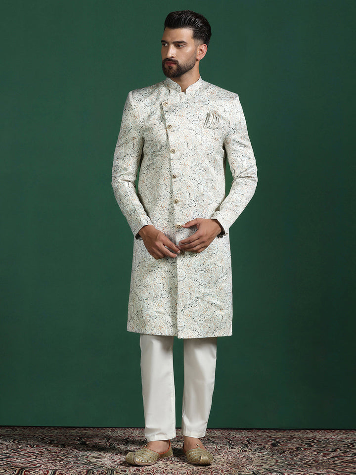 Cream Cotton Blend Sherwani Set For Men With Paisley Print | SHOBITAM