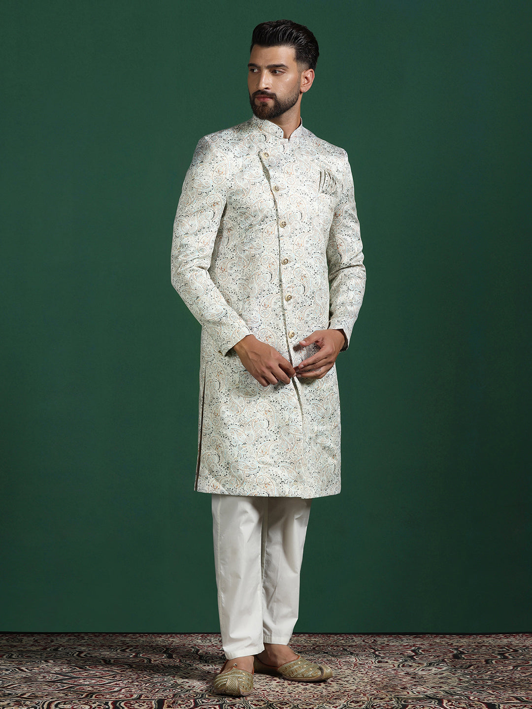 Cream Cotton Blend Sherwani Set For Men With Paisley Print | SHOBITAM