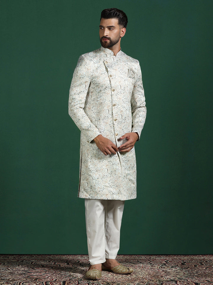 Cream Cotton Blend Sherwani Set For Men With Paisley Print | SHOBITAM