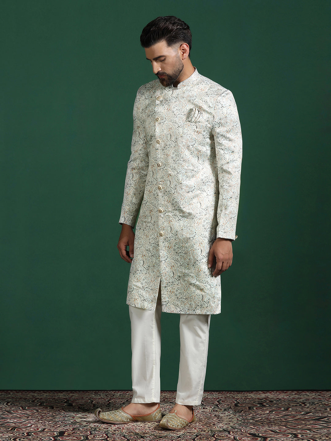 Cream Cotton Blend Sherwani Set For Men With Paisley Print | SHOBITAM