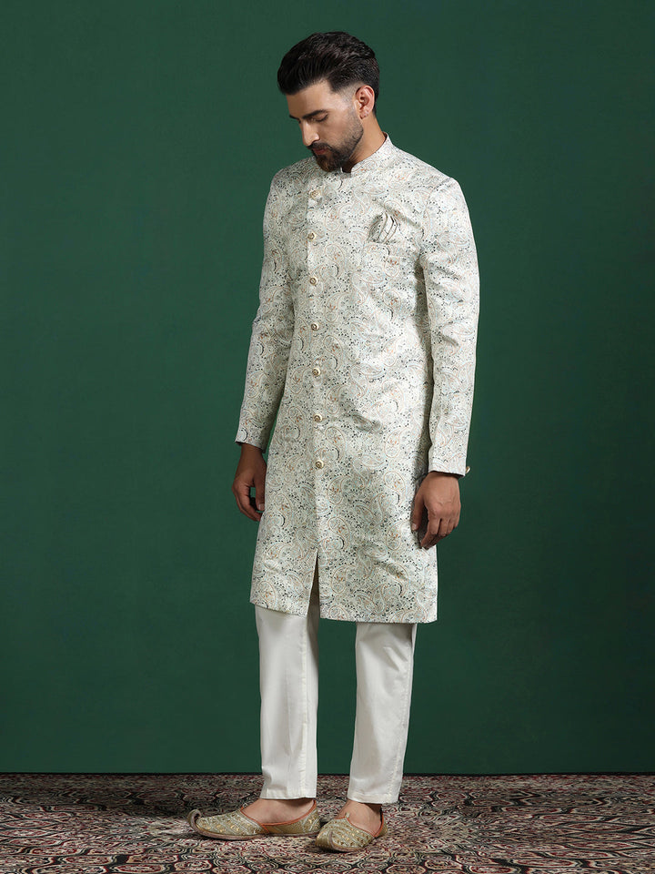 Cream Cotton Blend Sherwani Set For Men With Paisley Print | SHOBITAM
