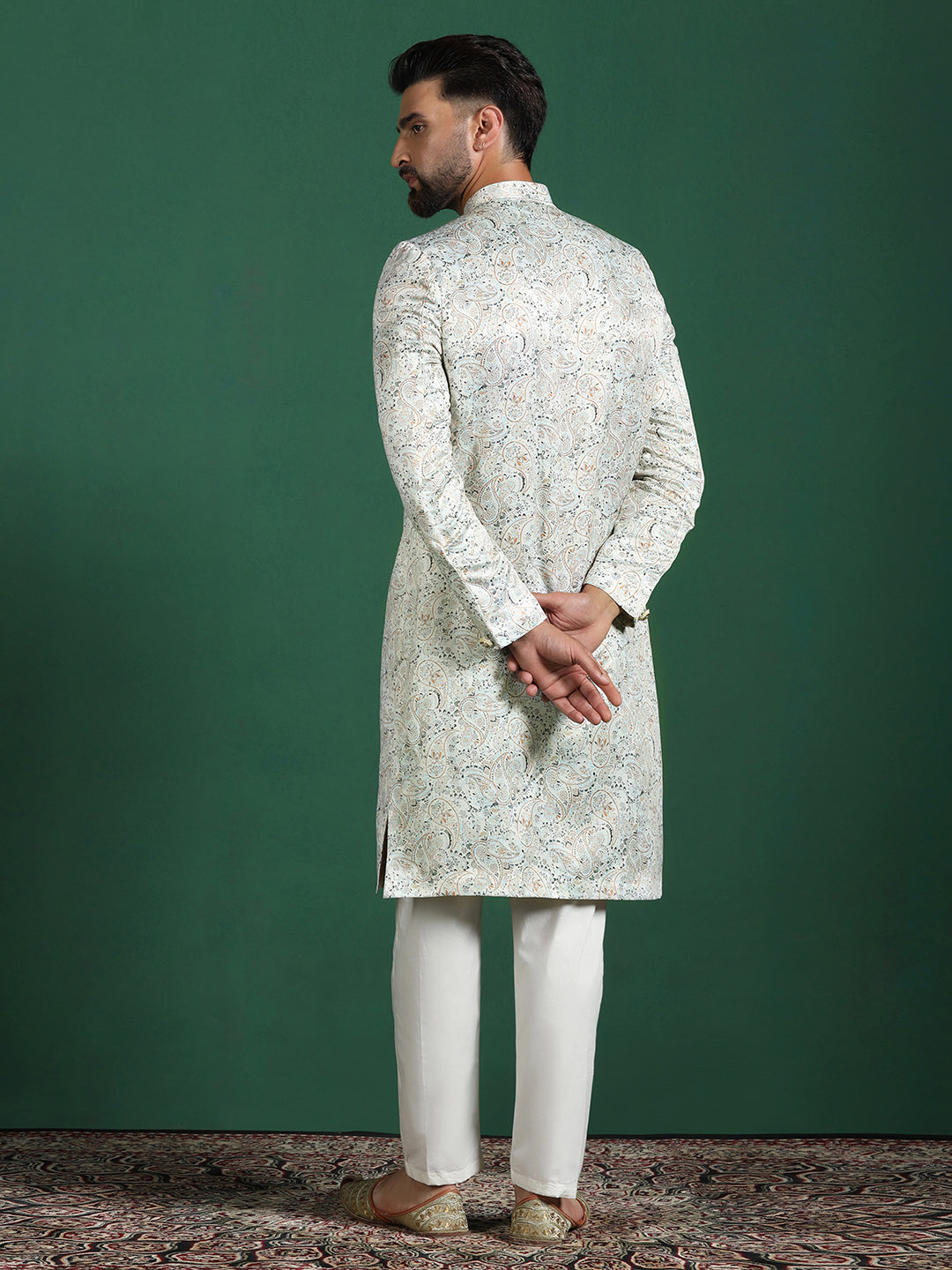 Cream Cotton Blend Sherwani Set For Men With Paisley Print | SHOBITAM