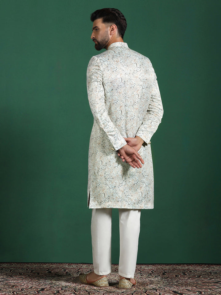 Cream Cotton Blend Sherwani Set For Men With Paisley Print | SHOBITAM