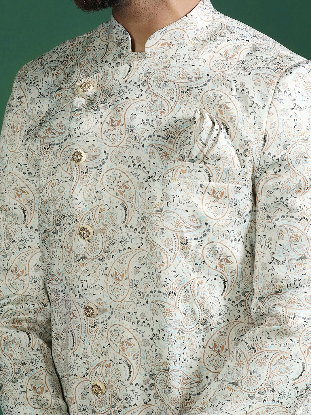 Cream Cotton Blend Sherwani Set For Men With Paisley Print | SHOBITAM