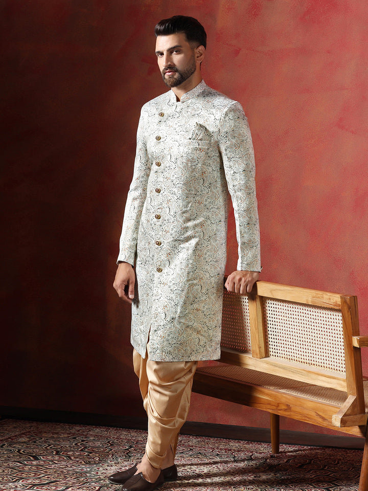 Cream Cotton Blend Sherwani Set For Men With Paisley Print | SHOBITAM