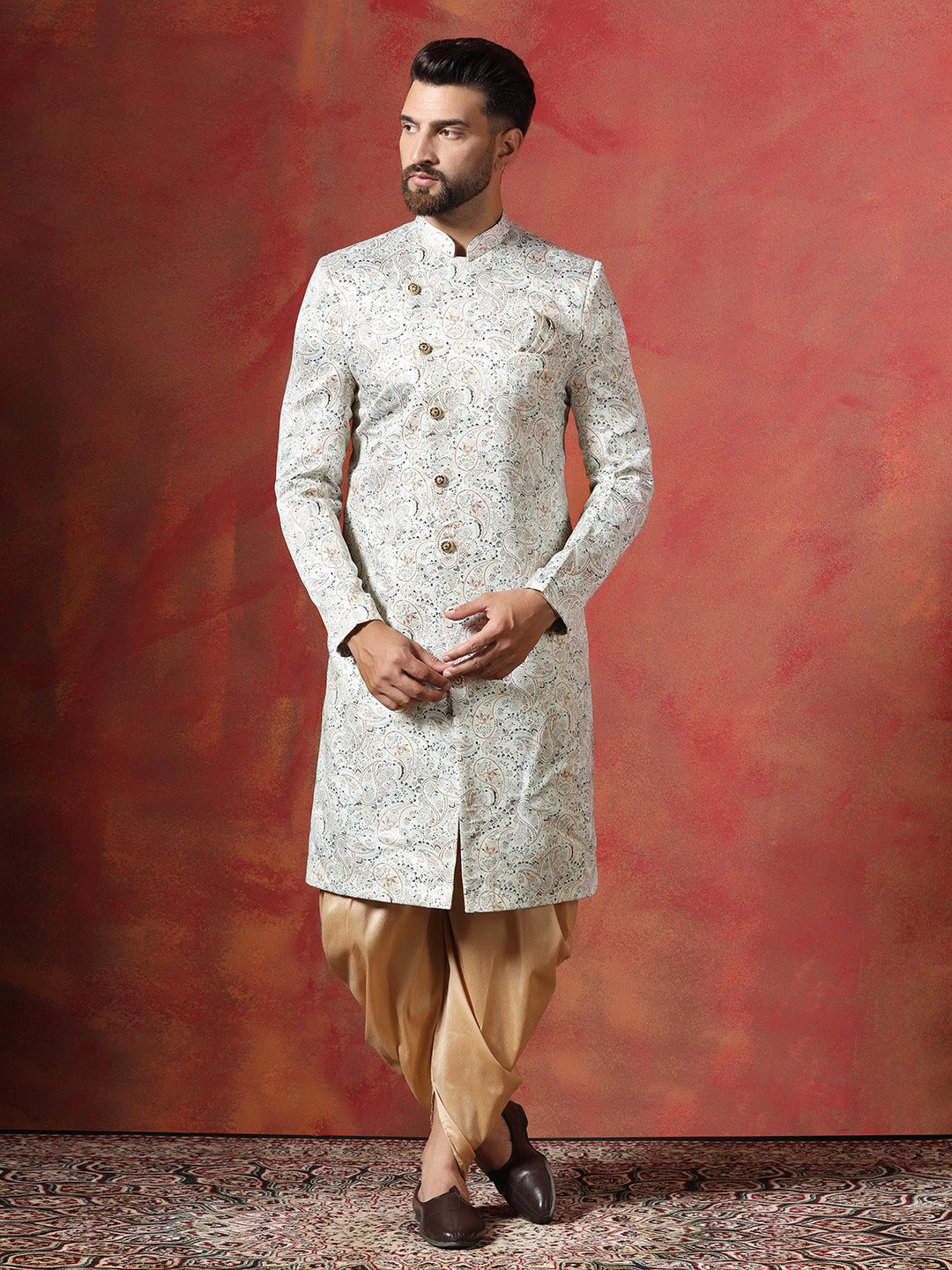 Cream Cotton Blend Sherwani Set For Men With Paisley Print | SHOBITAM