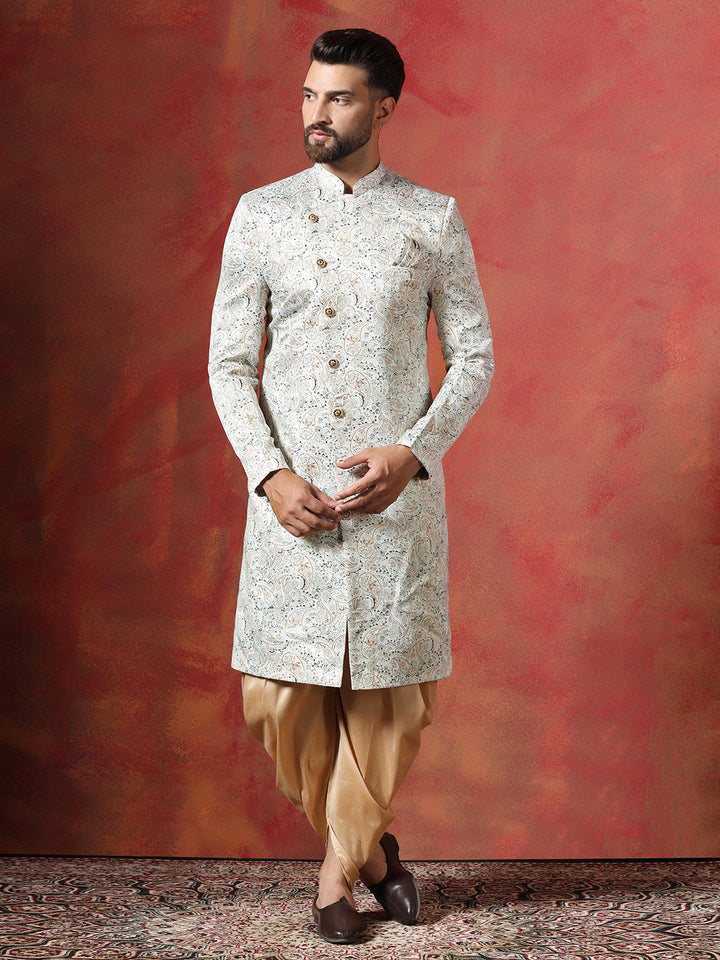 Cream Cotton Blend Sherwani Set For Men With Paisley Print | SHOBITAM