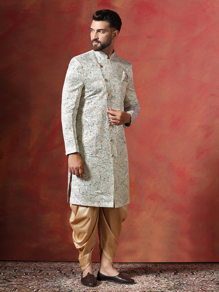 Cream Cotton Blend Sherwani Set For Men With Paisley Print | SHOBITAM