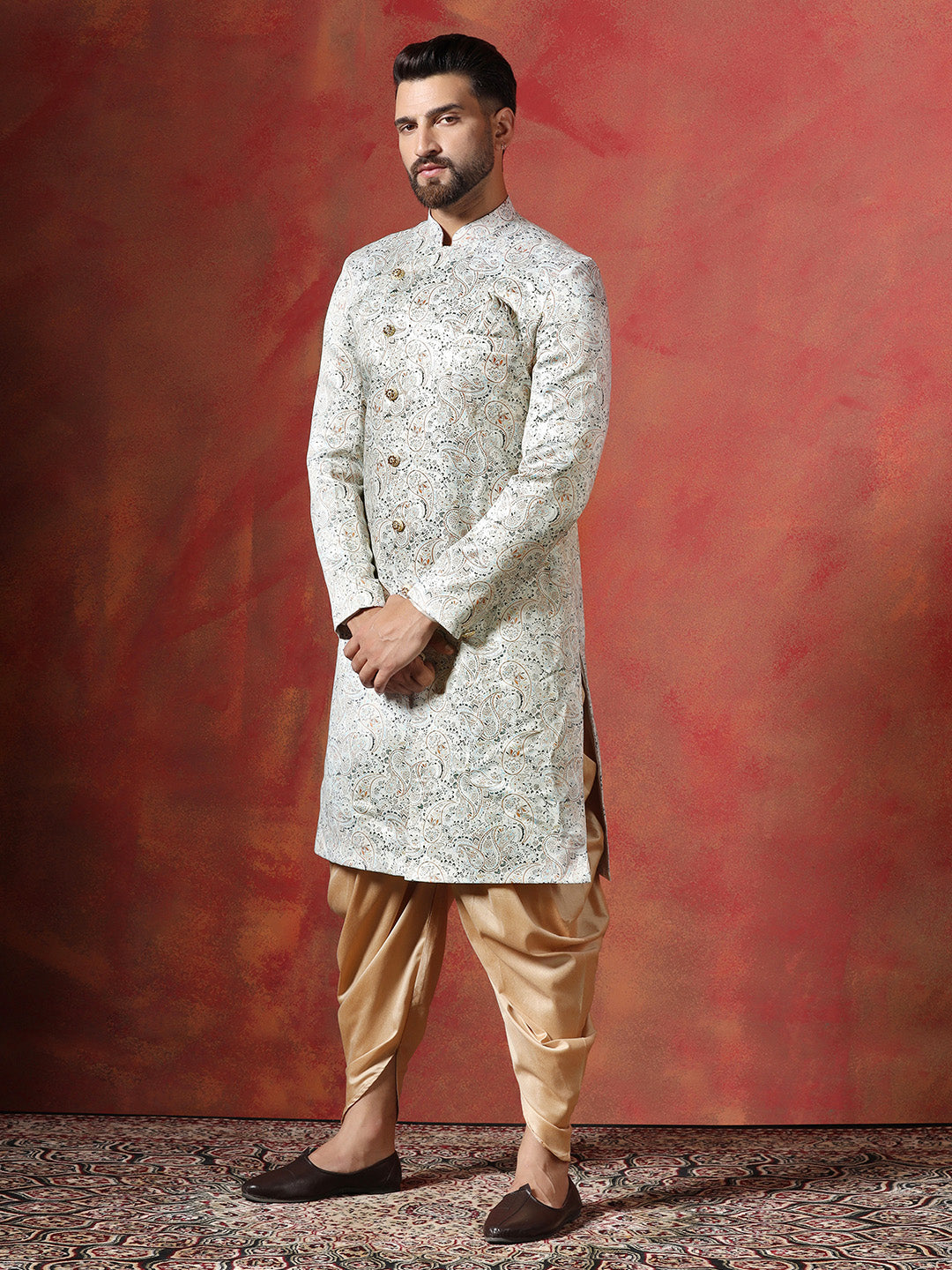 Cream Cotton Blend Sherwani Set For Men With Paisley Print | SHOBITAM