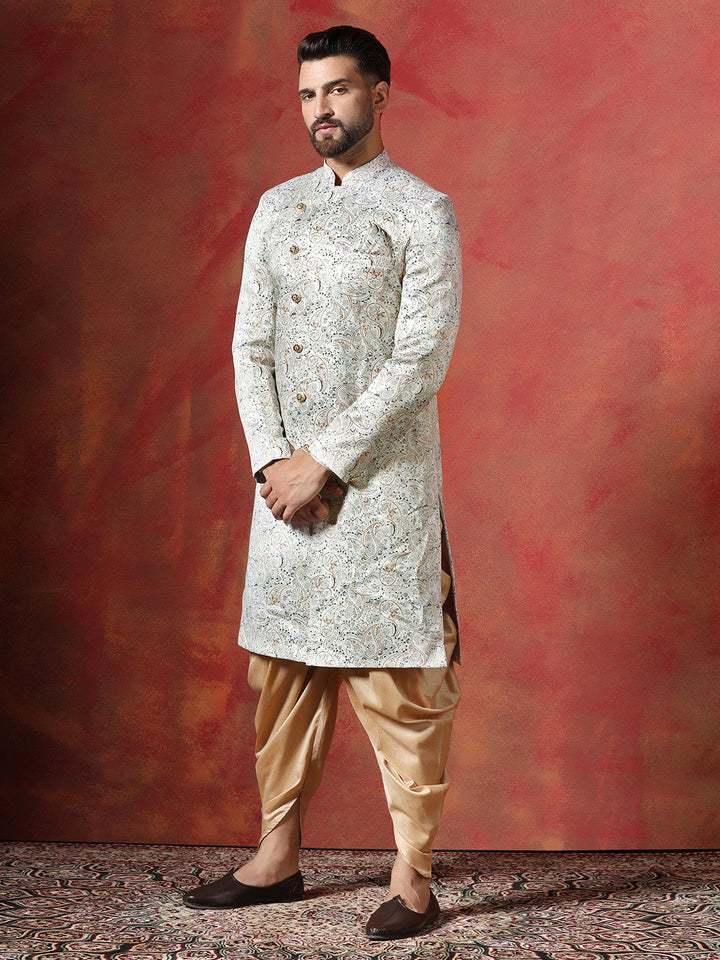 Cream Cotton Blend Sherwani Set For Men With Paisley Print | SHOBITAM