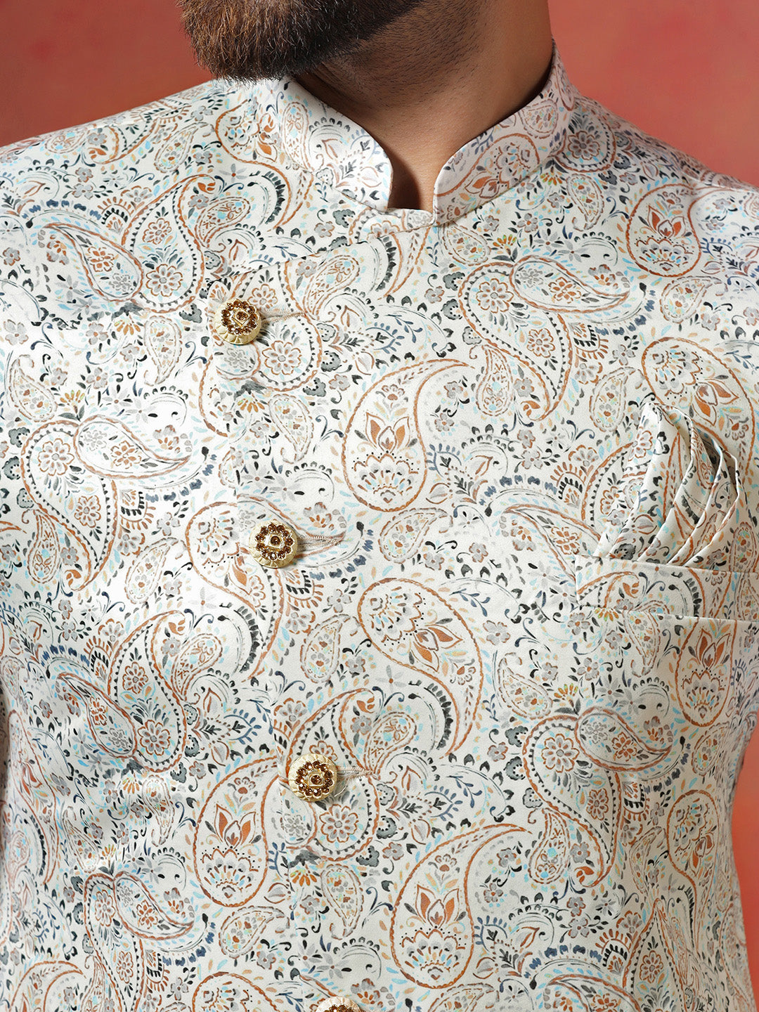 Cream Cotton Blend Sherwani Set For Men With Paisley Print | SHOBITAM