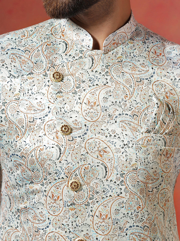Cream Cotton Blend Sherwani Set For Men With Paisley Print | SHOBITAM