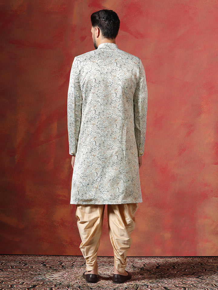 Cream Cotton Blend Sherwani Set For Men With Paisley Print | SHOBITAM