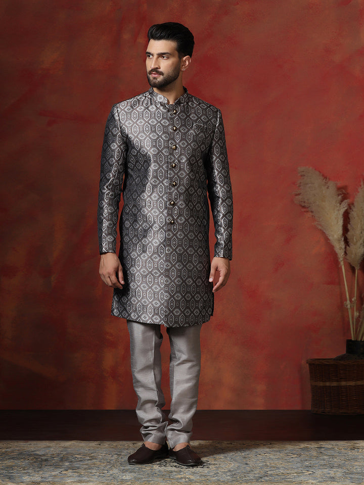 The Zoravar Grey Cotton Blend Sherwani Churidar Set For Men With Printed Design | SHOBITAM
