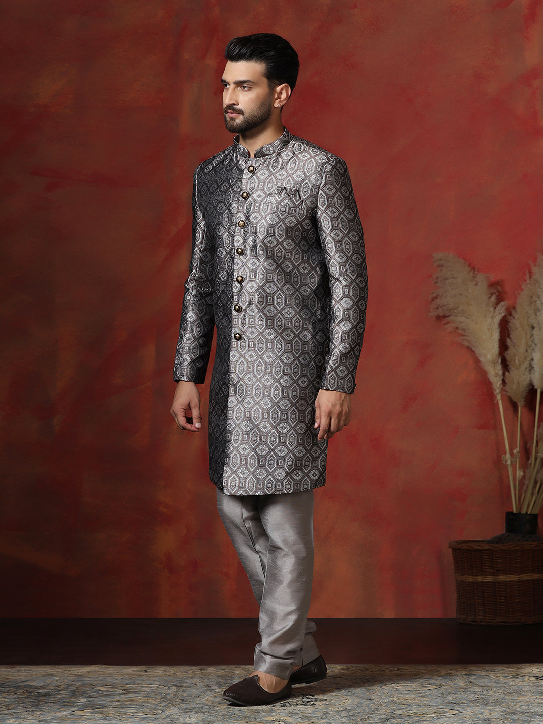 The Zoravar Grey Cotton Blend Sherwani Churidar Set For Men With Printed Design | SHOBITAM