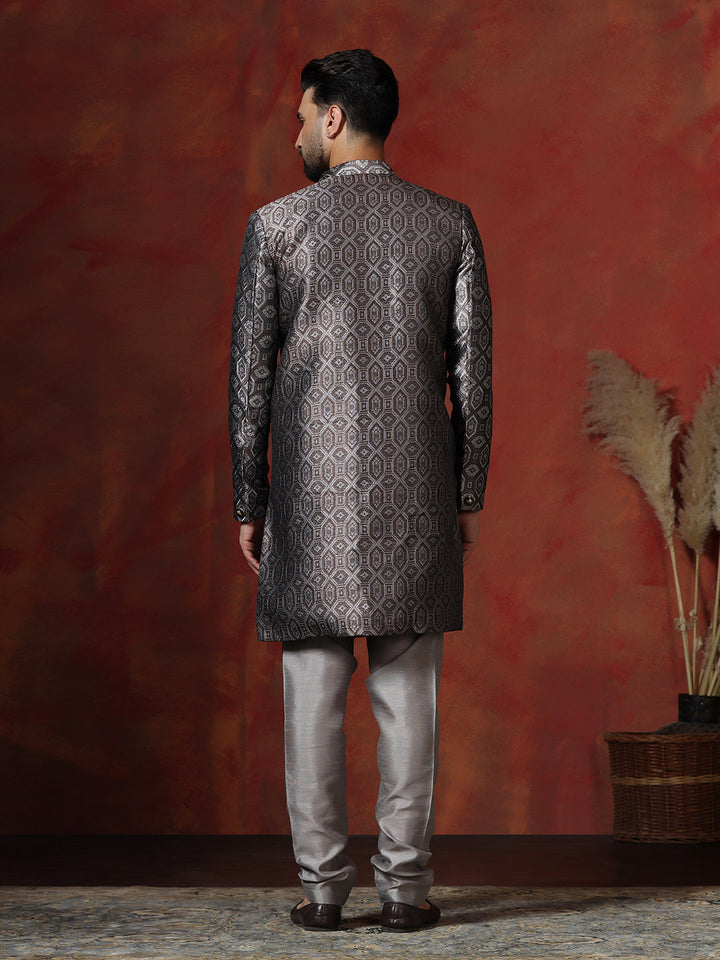 The Zoravar Grey Cotton Blend Sherwani Churidar Set For Men With Printed Design | SHOBITAM