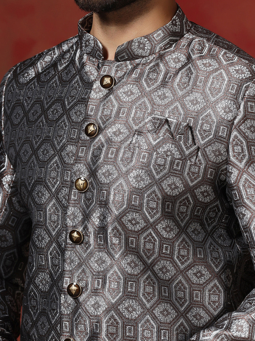The Zoravar Grey Cotton Blend Sherwani Churidar Set For Men With Printed Design | SHOBITAM