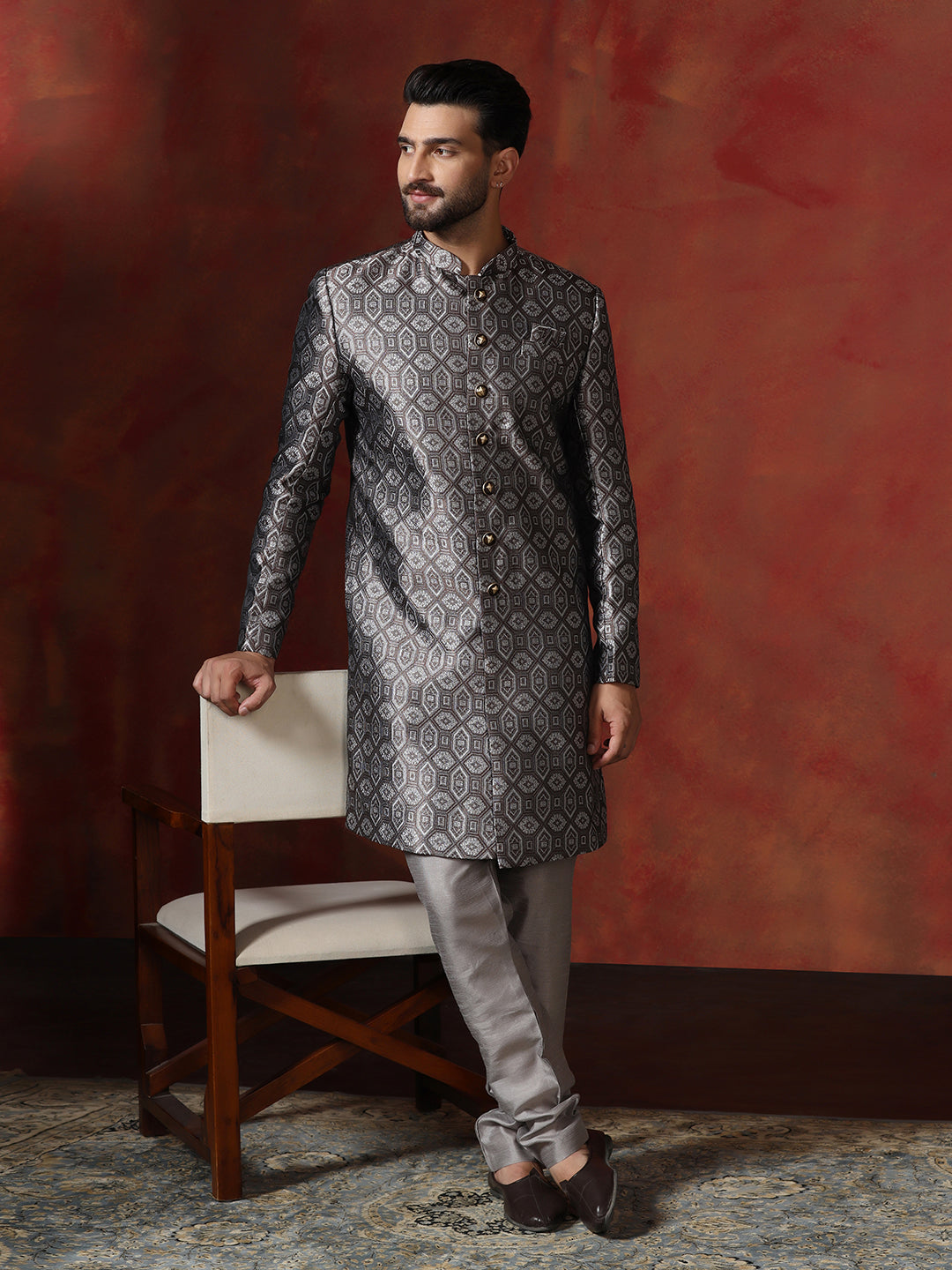 The Zoravar Grey Cotton Blend Sherwani Churidar Set For Men With Printed Design | SHOBITAM