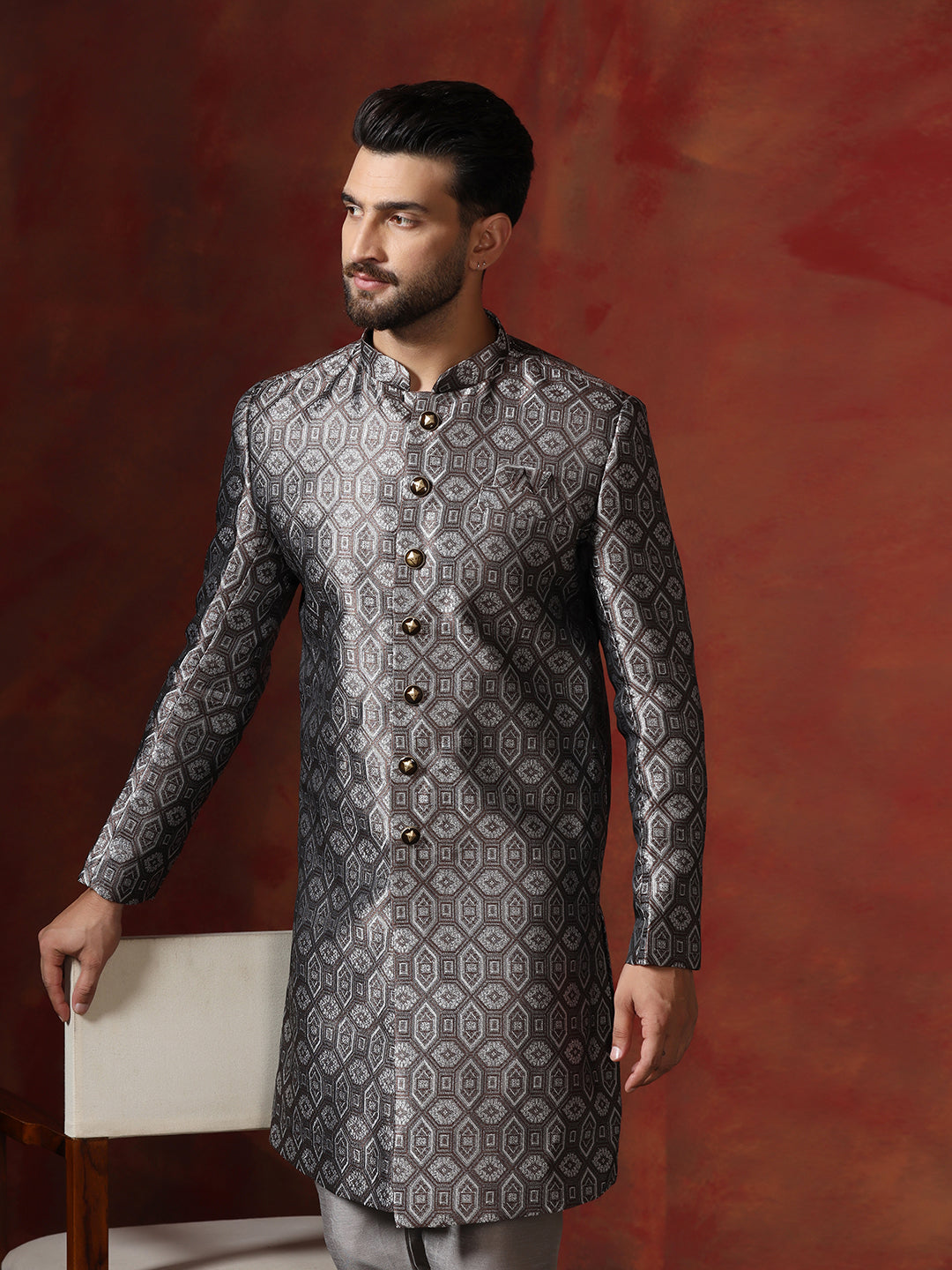 The Zoravar Grey Cotton Blend Sherwani Churidar Set For Men With Printed Design | SHOBITAM