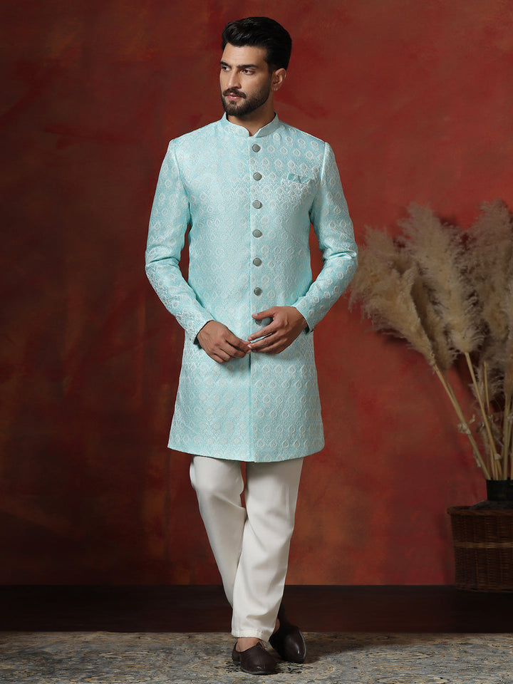 Skywalk Blue Cotton Blend Sherwani Pyjama Set For Men With Printed Design | SHOBITAM