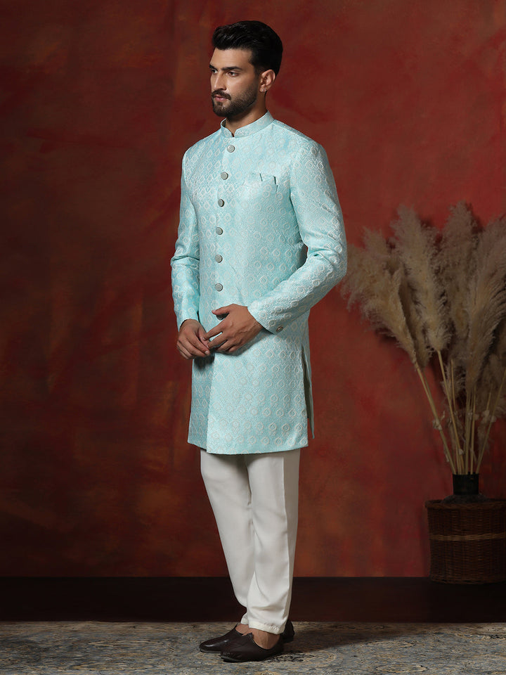 Skywalk Blue Cotton Blend Sherwani Pyjama Set For Men With Printed Design | SHOBITAM