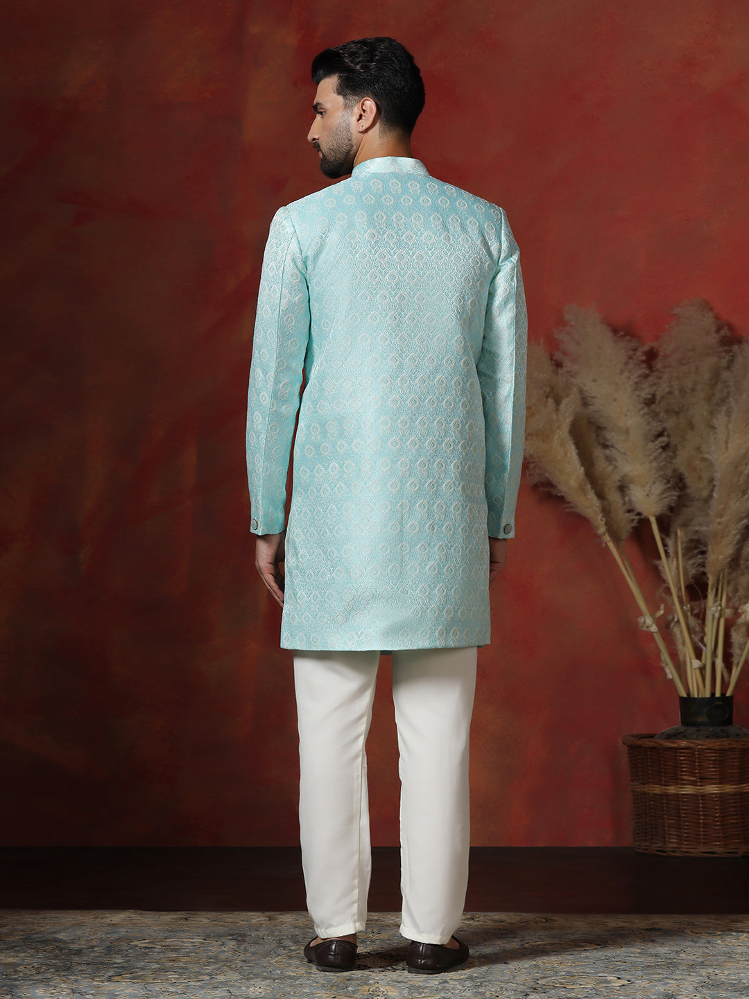 Skywalk Blue Cotton Blend Sherwani Pyjama Set For Men With Printed Design | SHOBITAM