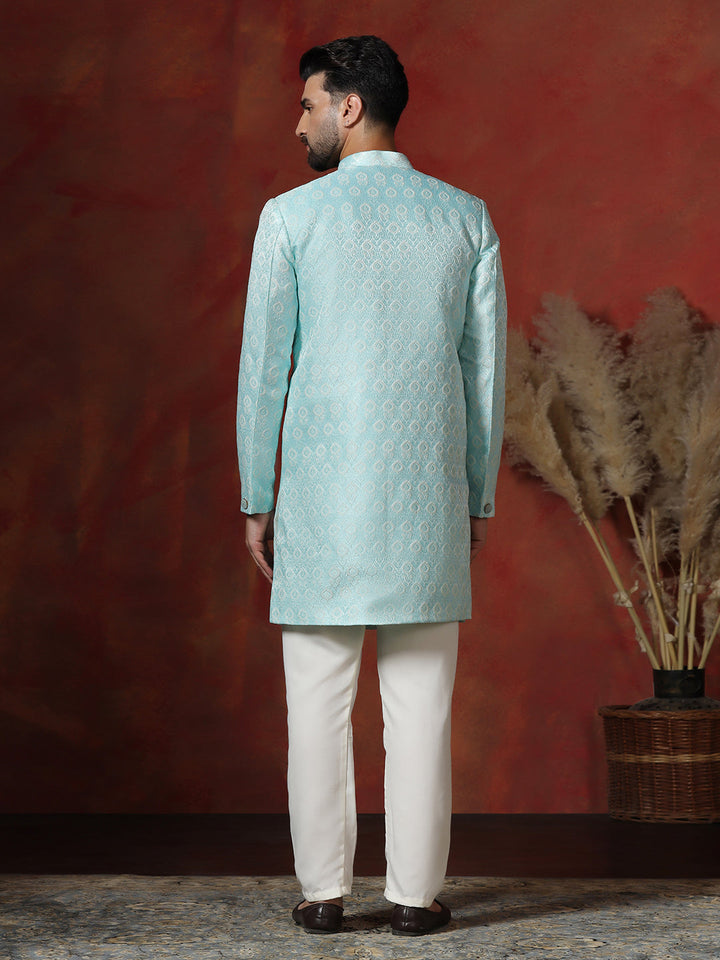 Skywalk Blue Cotton Blend Sherwani Pyjama Set For Men With Printed Design | SHOBITAM