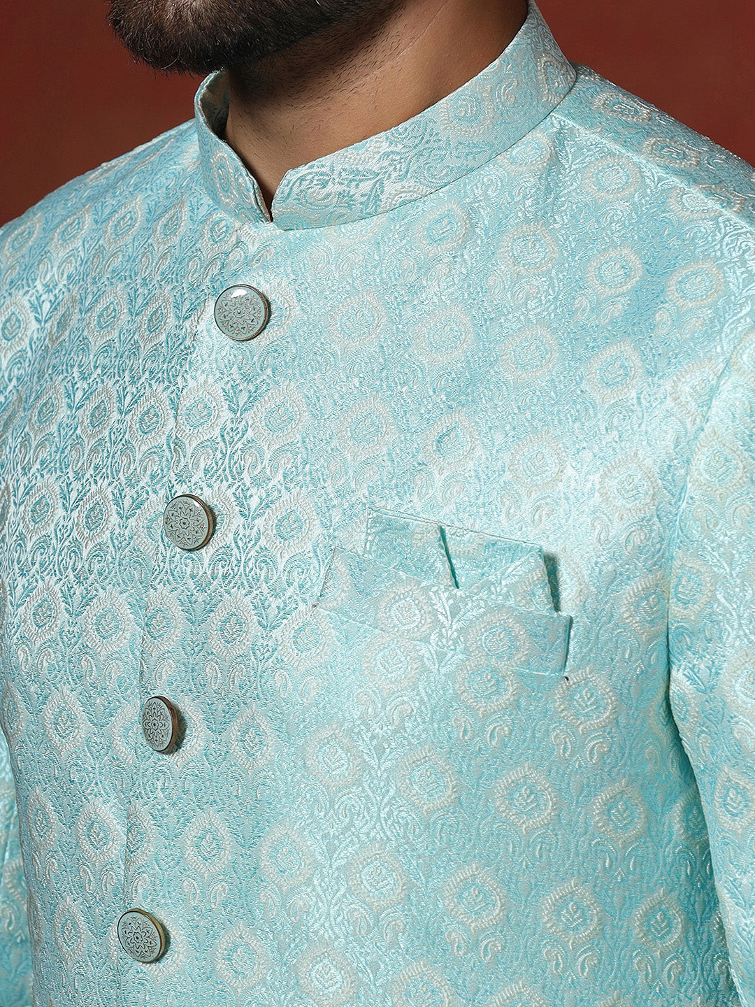 Skywalk Blue Cotton Blend Sherwani Pyjama Set For Men With Printed Design | SHOBITAM