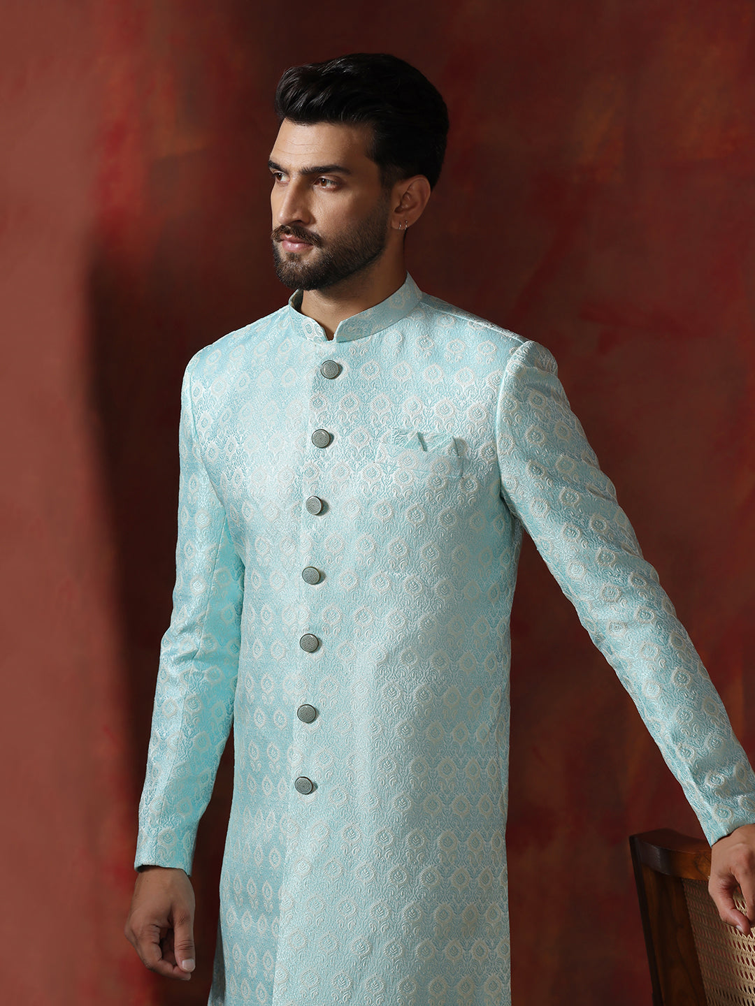 Skywalk Blue Cotton Blend Sherwani Pyjama Set For Men With Printed Design | SHOBITAM
