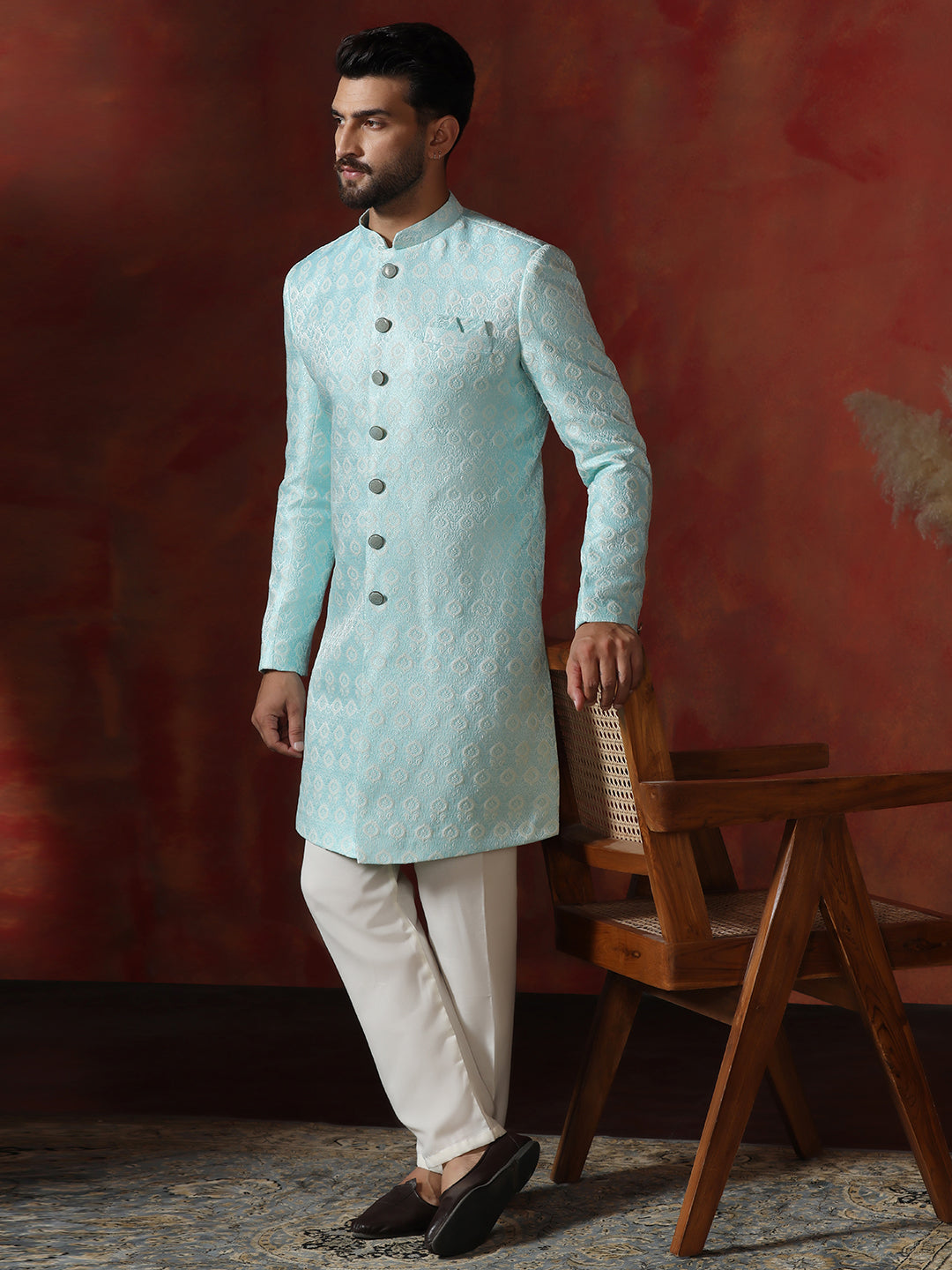 Skywalk Blue Cotton Blend Sherwani Pyjama Set For Men With Printed Design | SHOBITAM