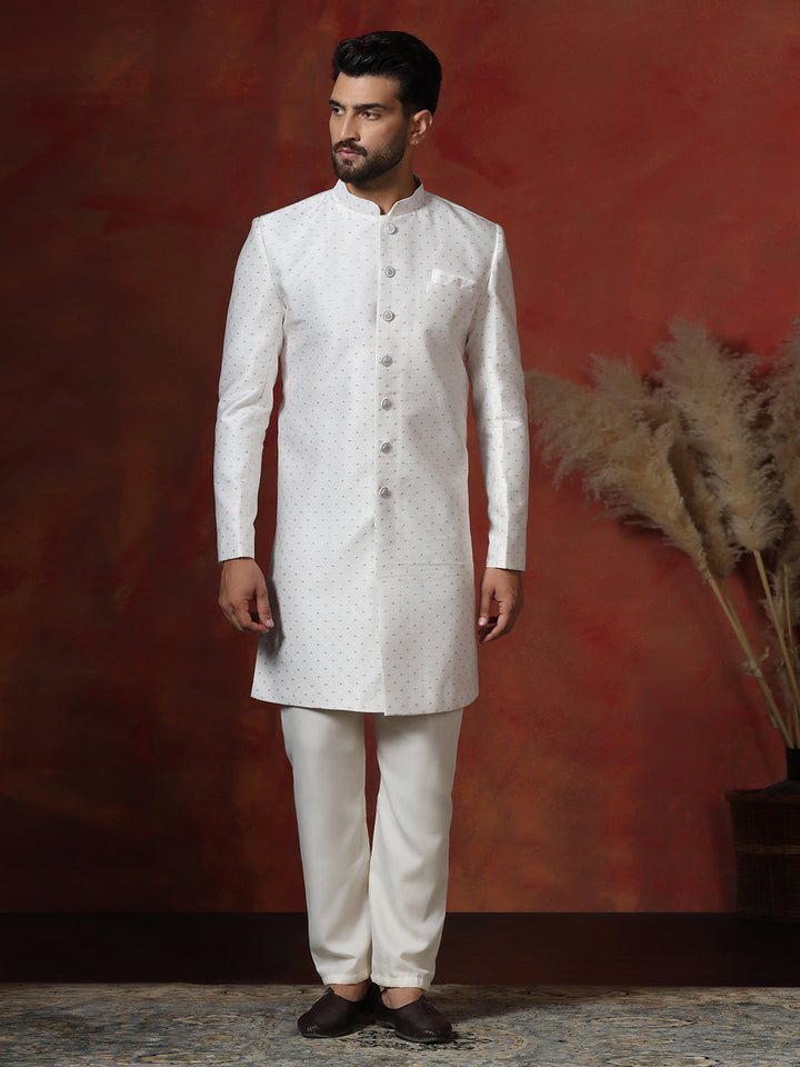 Moonlight White Cotton Blend Sherwani Pyjama Set For Men With Printed Design | SHOBITAM