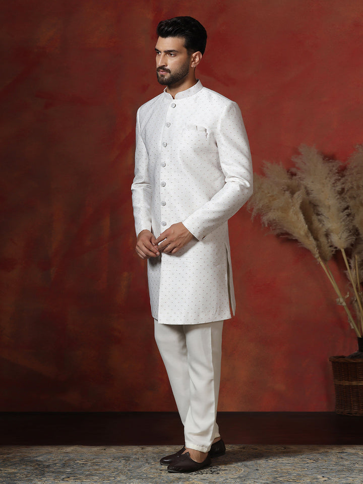 Moonlight White Cotton Blend Sherwani Pyjama Set For Men With Printed Design | SHOBITAM