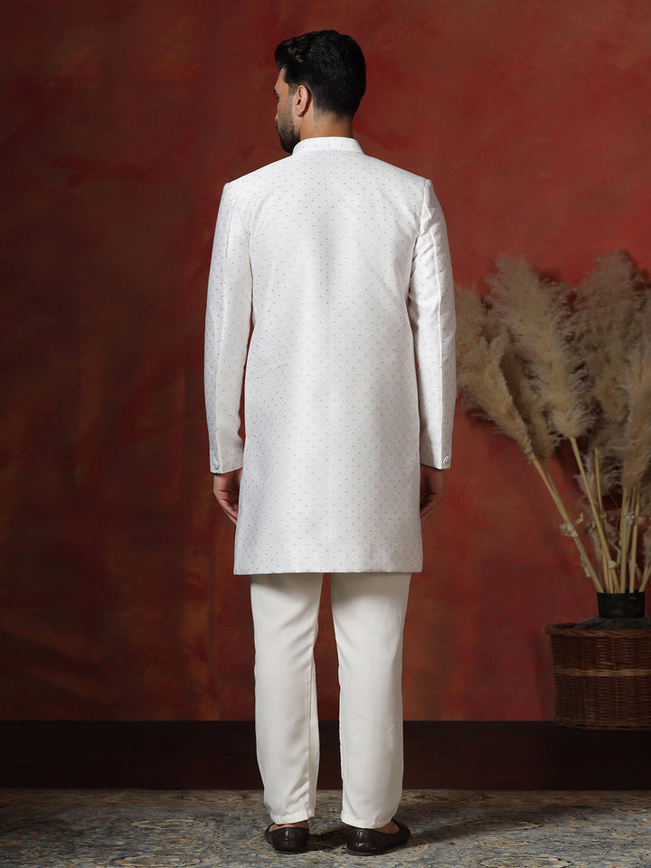 Moonlight White Cotton Blend Sherwani Pyjama Set For Men With Printed Design | SHOBITAM