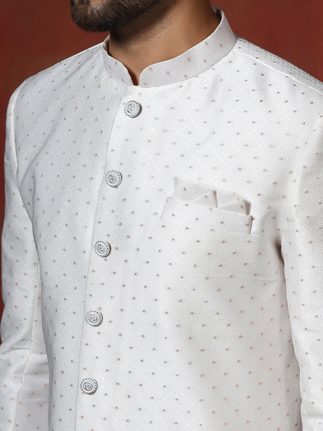 Moonlight White Cotton Blend Sherwani Pyjama Set For Men With Printed Design | SHOBITAM