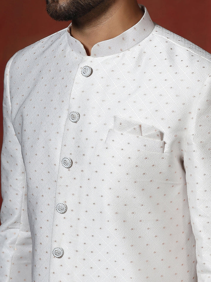 Moonlight White Cotton Blend Sherwani Pyjama Set For Men With Printed Design | SHOBITAM