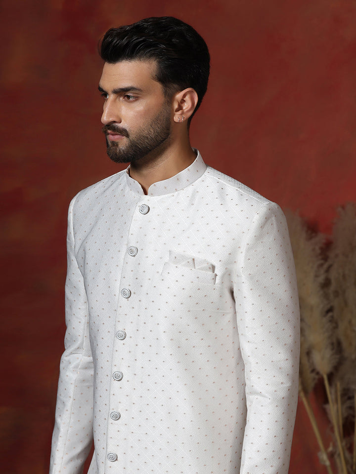 Moonlight White Cotton Blend Sherwani Pyjama Set For Men With Printed Design | SHOBITAM