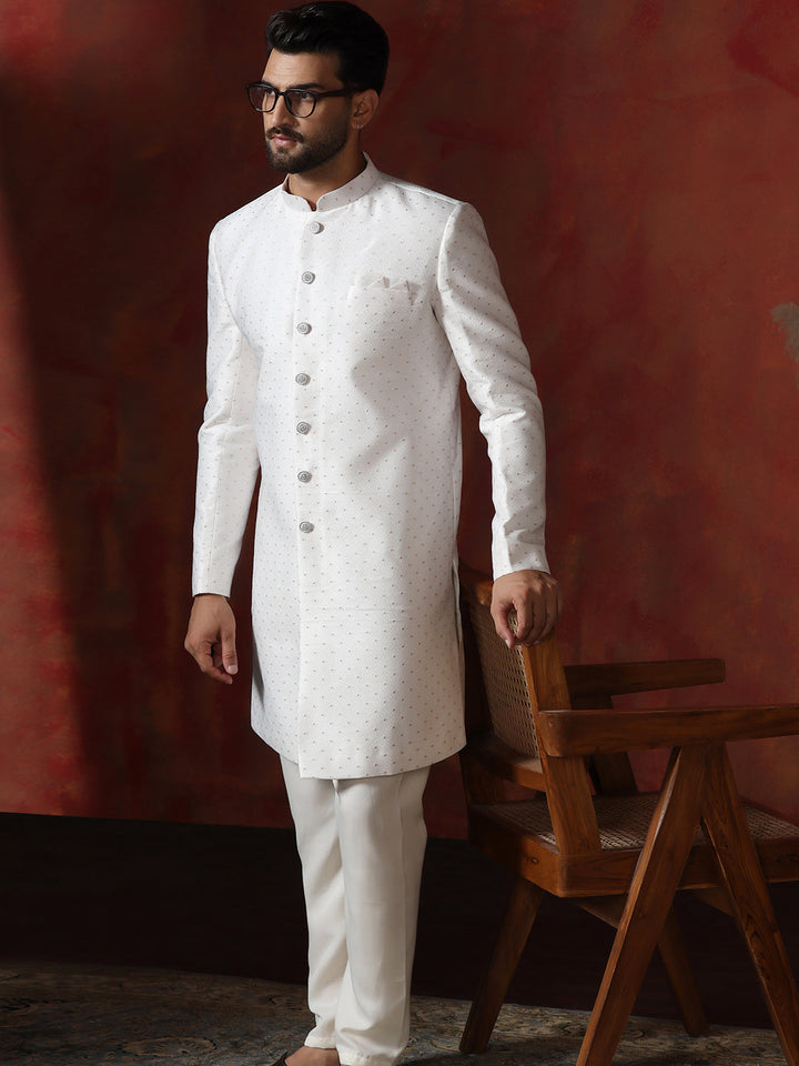 Moonlight White Cotton Blend Sherwani Pyjama Set For Men With Printed Design | SHOBITAM