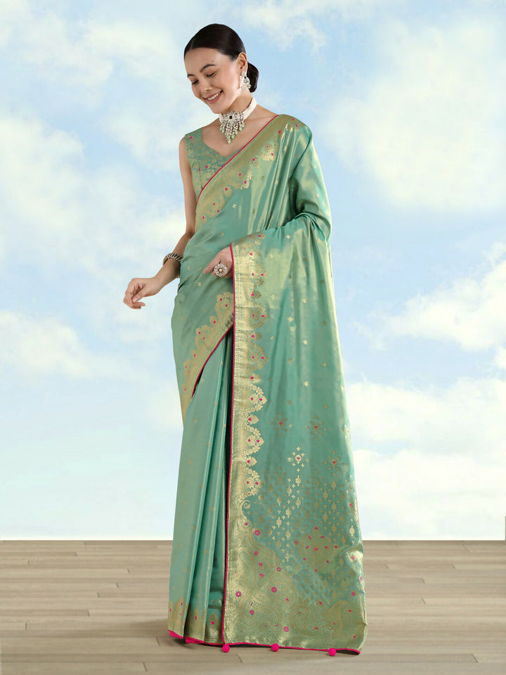 Light Blue Color Paisley Zari Woven Semi Banarasi Tissue Silk Saree  | SHOBITAM