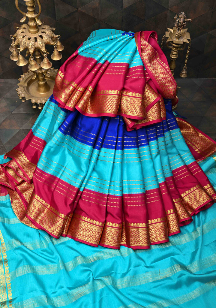 Mysore Silk Saree in Blue with Horizontal stripes and Panel Border in KSIC Grade Thickness | SILK MARK CERTIFIED