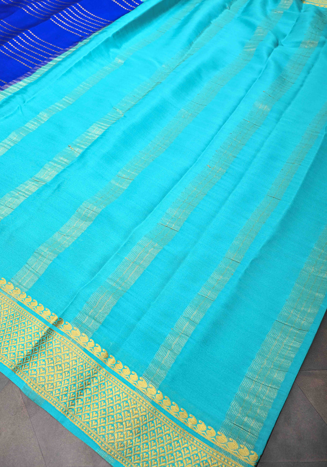 Mysore Silk Saree in Blue with Horizontal stripes and Panel Border in KSIC Grade Thickness | SILK MARK CERTIFIED
