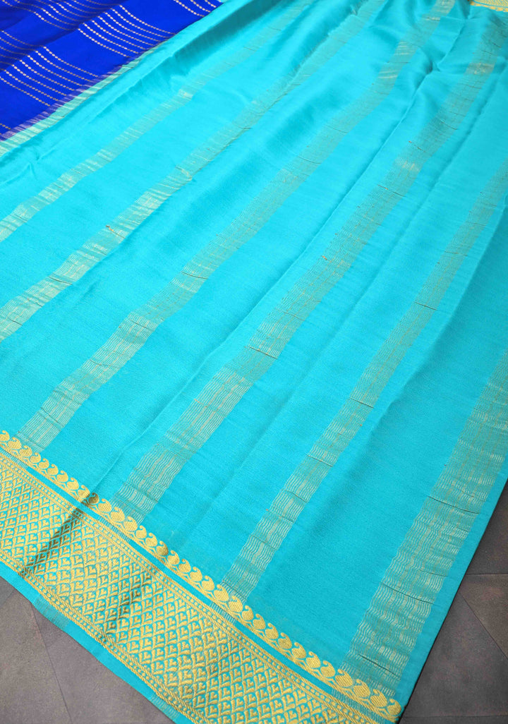 Mysore Silk Saree in Blue with Horizontal stripes and Panel Border in KSIC Grade Thickness | SILK MARK CERTIFIED