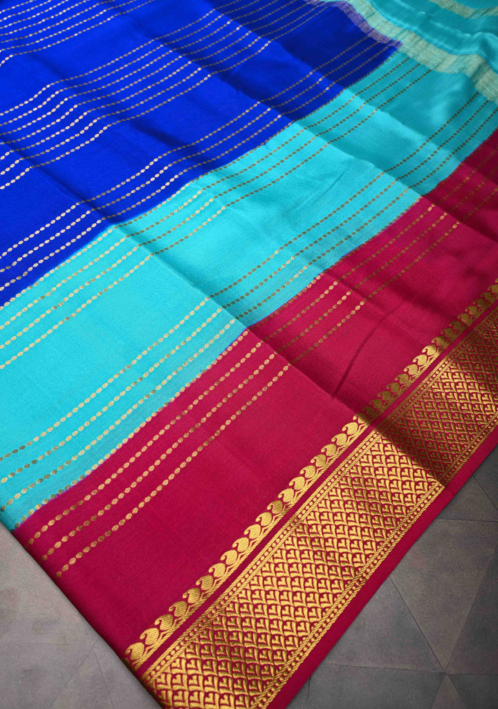 Mysore Silk Saree in Blue with Horizontal stripes and Panel Border in KSIC Grade Thickness | SILK MARK CERTIFIED